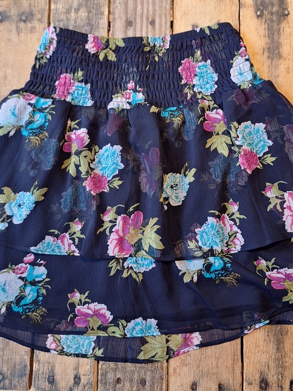 Floral Tiered Smocked Waist Mini Skirt - Navy with Pink & Teal Flowers